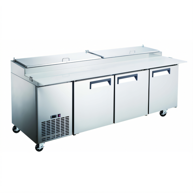 Product image #1 for Black Diamond 24 Cu. Ft. 92-Inch 3-Section Refrigerated Pizza Prep Table with Side-Mount Self-Contained Refrigeration