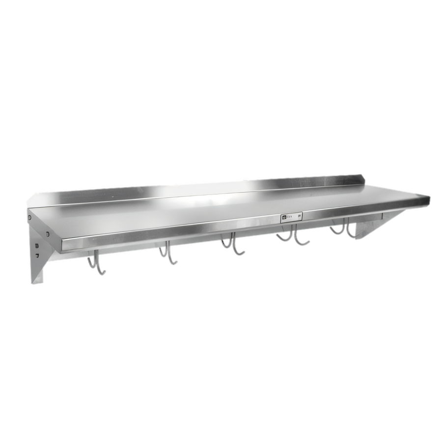 Product image #1 for John Boos Stallion Wall-Mounted Stainless Steel Pot Rack Shelf with 5 Hooks, 60W x 18D x 13H