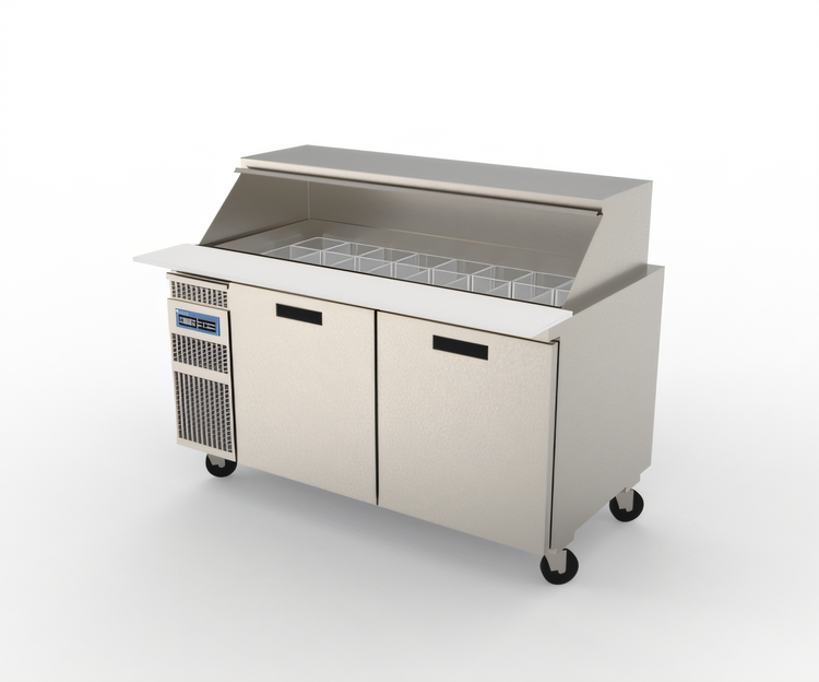 Product image #1 for Randell 60-Inch High Heat Refrigerated Mega-Top Sandwich Prep Table / Breading Table, 2-Section, 9.8 Cu. Ft., Side-Mounted Self-Contained Refrigeration