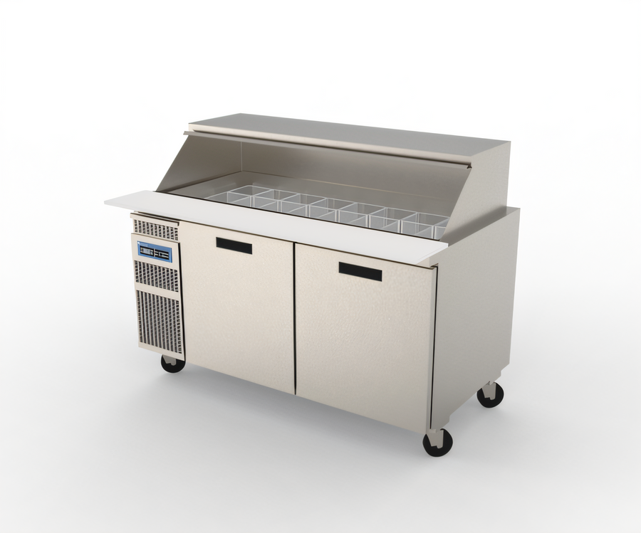 Product image #1 for Randell 60-Inch High Heat Refrigerated Mega-Top Sandwich Prep Table / Breading Table, 2-Section, 9.8 Cu. Ft., Side-Mounted Self-Contained Refrigeration