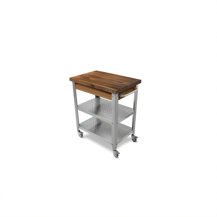 Product image #1 for John Boos Cucina Elegante 30-Inch x 20-Inch Mobile Walnut Butcher Block Cart with Stainless Steel Shelves, No Drawer