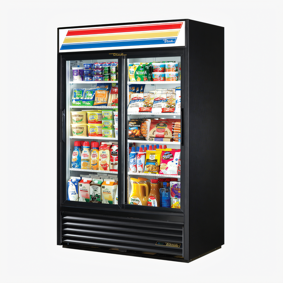 Product image #1 for True 51-Inch Wide Two-Section Glass Door Merchandiser Refrigerator with Sliding Low-E Doors and LED Lighting
