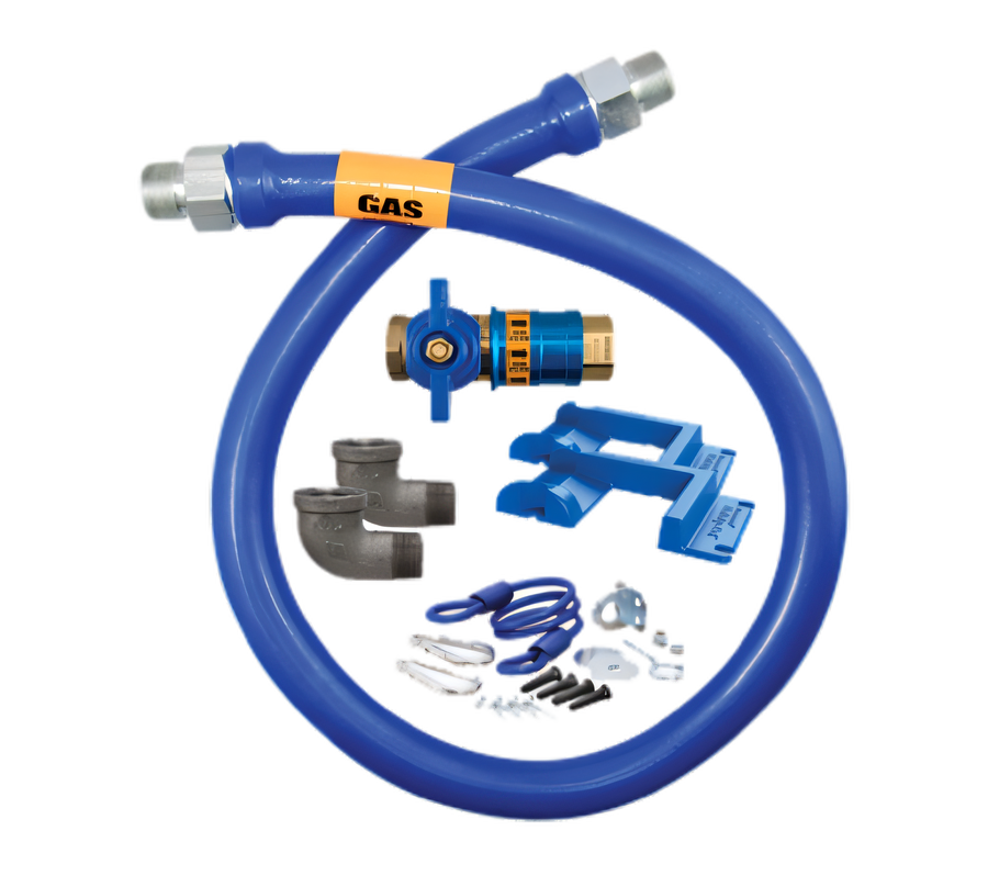 Product image #1 for Dormont Blue Hose 3/4-Inch ID x 48-Inch Moveable Gas Connector Kit with Safety Quik Quick-Disconnect Valve, Restraining Cable, and Safety-Set Wheel Placement System
