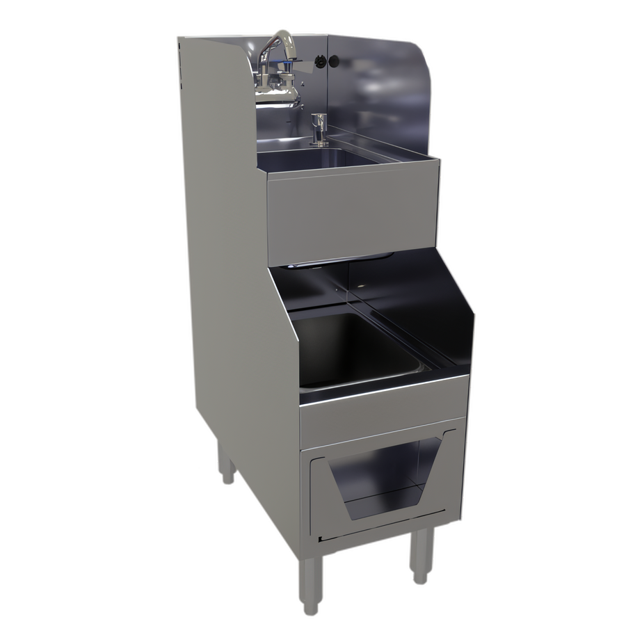 Product image #1 for Glastender FS12 12-Inch Underbar Hand & Wet Waste Sink with Dual Bowls, Soap Dispenser & Paper Towel Dispenser