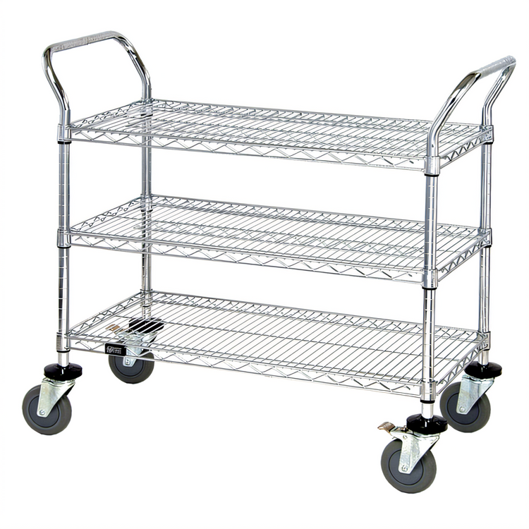Product image #1 for Quantum WRC-2436-3 Chrome-Plated 3-Shelf Wire Utility Cart, 36 Inches W x 24 Inches D, 1,200 lb Capacity