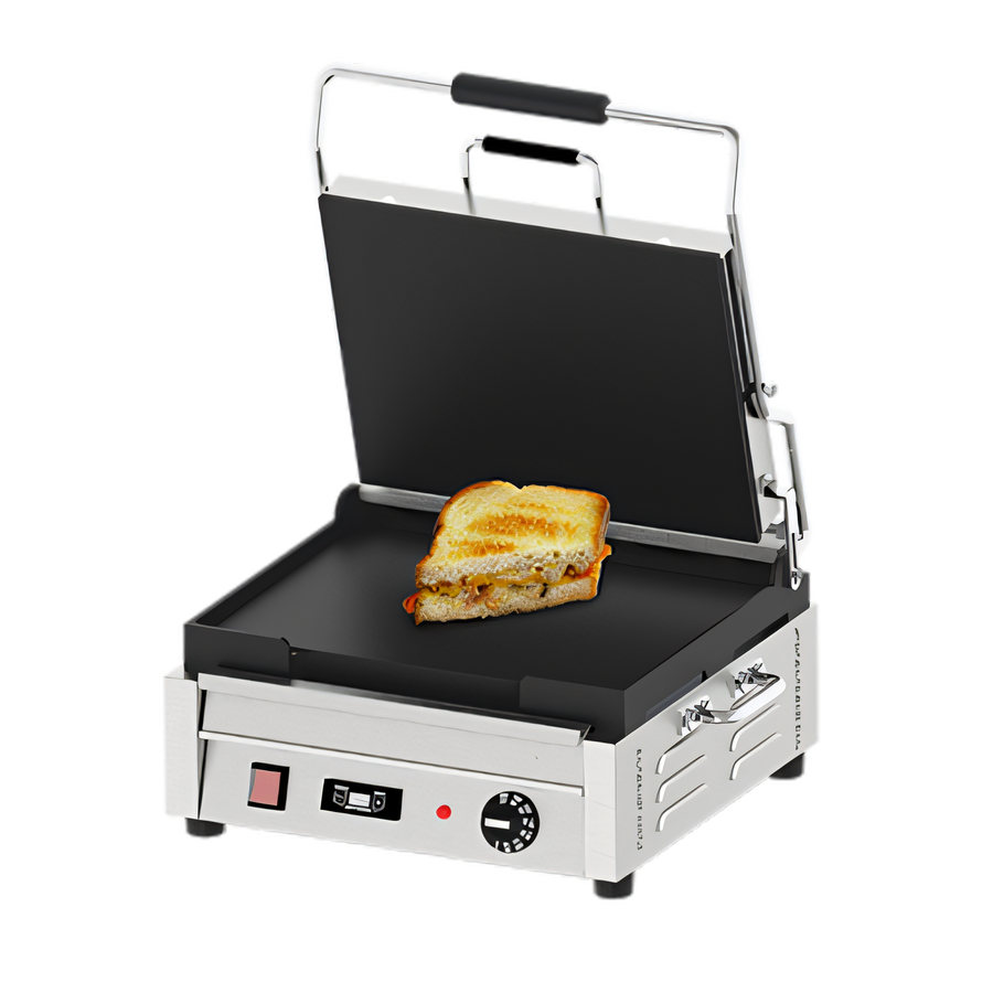 Product image #1 for Omcan Single Countertop Electric Panini Press with 12 x 15-Inch Smooth Cast Iron Plates