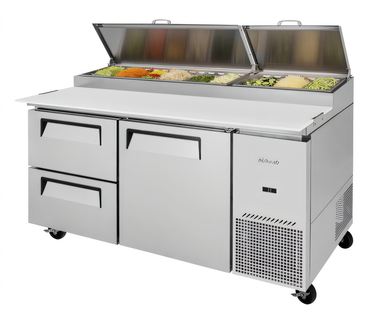 Product image #1 for Turbo Air Super Deluxe 67-Inch Two-Section Pizza Prep Table with 1 Door, 2 Drawers, and 20 Cu. Ft. Capacity