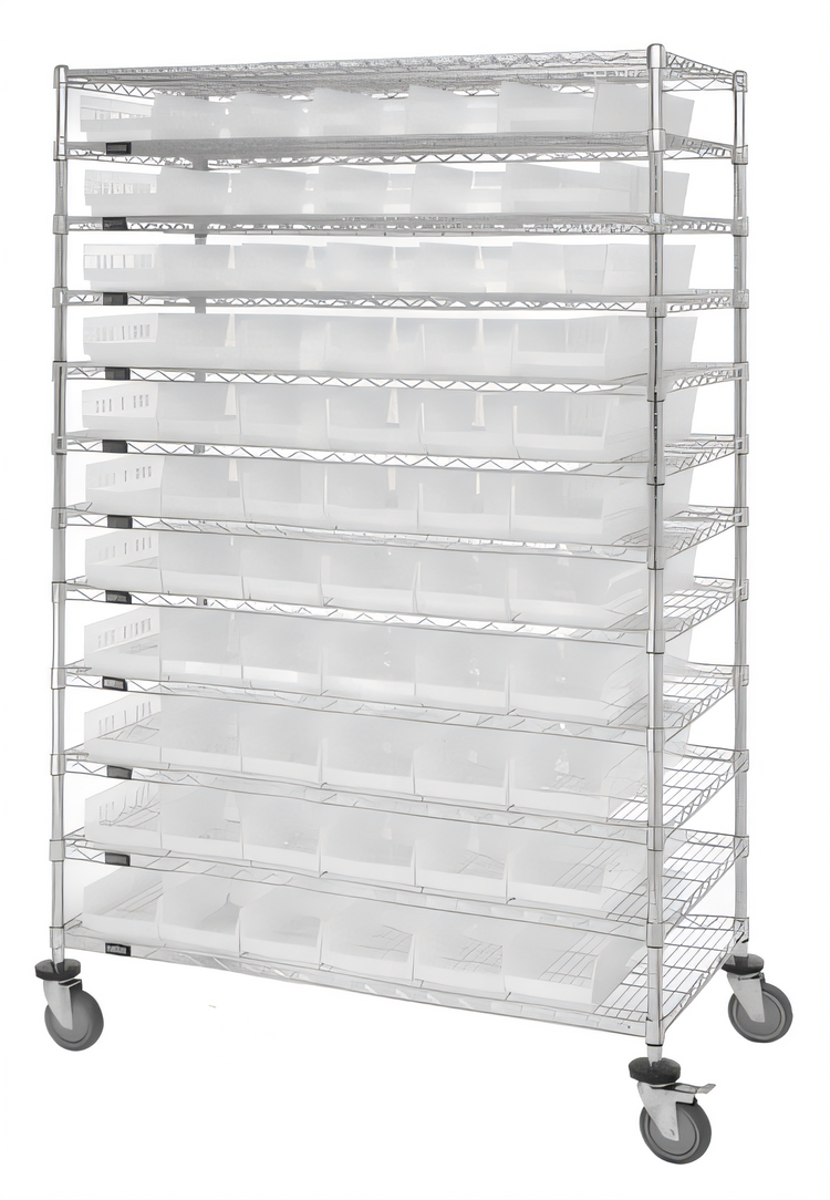 Product image #1 for Quantum Chrome Plated Stationary Bin Wire Shelving System, 72" x 24" x 74", 12 Shelves, 110 Bins