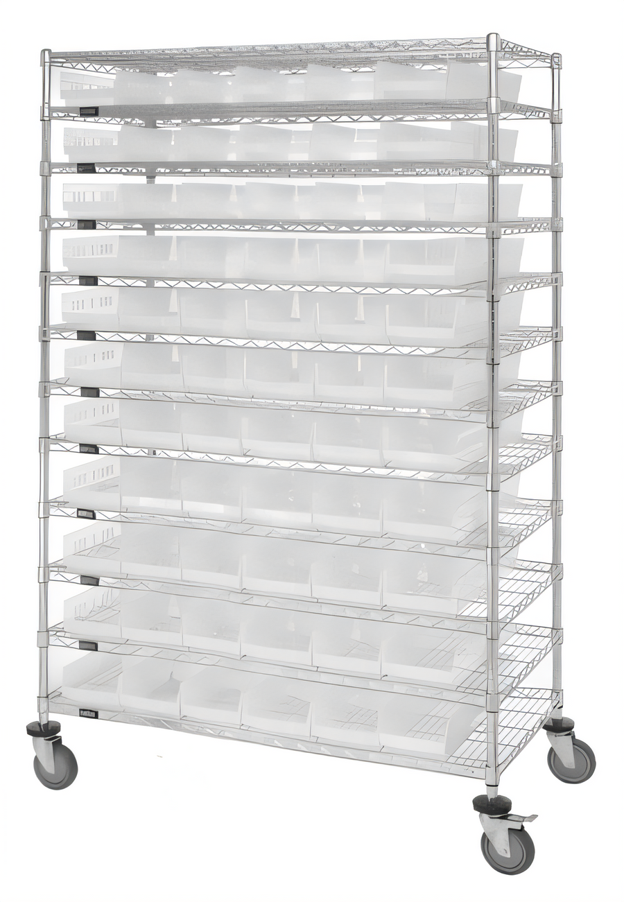 Product image #1 for Quantum Chrome Plated Stationary Bin Wire Shelving System, 72" x 24" x 74", 12 Shelves, 110 Bins