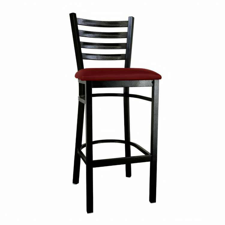 Product image #1 for Commercial Ladder Back Bar Stool with Burgundy Upholstered Vinyl Seat and Black Metal Frame