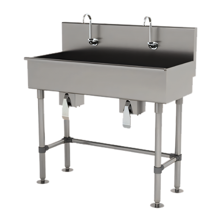 Product image #1 for Advance Tabco 40-Inch Wide 2-Station Knee-Operated Floor-Mounted Hand Wash Sink with Gooseneck Spouts