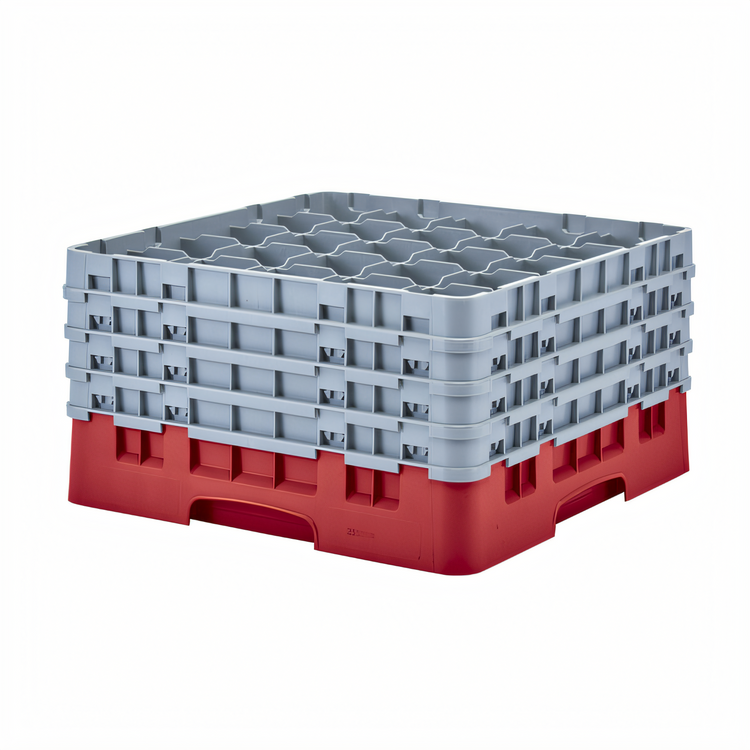 Product image #2 for Cambro Camrack® Full Size Low Profile 25-Compartment Glass Rack with 4 Soft Gray Extenders, Red