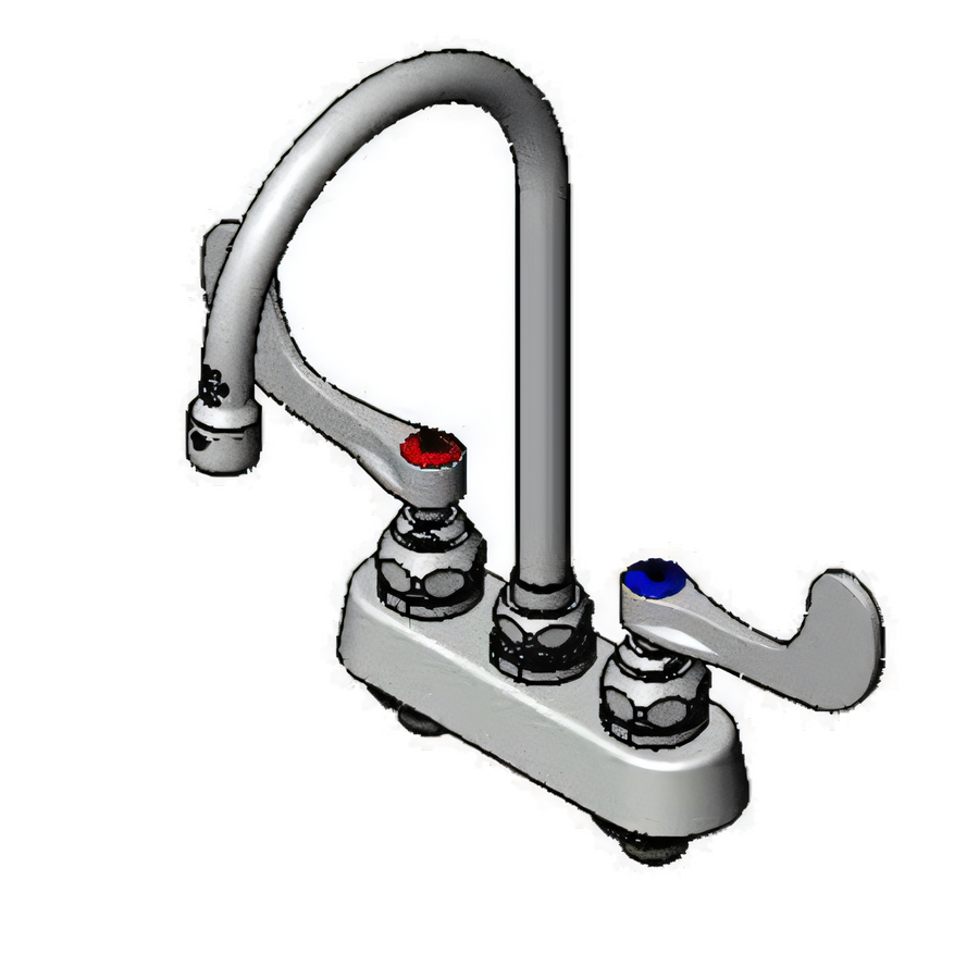 Product image #1 for T&S Brass Low-Lead Deck-Mount Workboard Faucet with 4 Inch Centers, 6-7 Inch Swivel Gooseneck, and Wrist Action Handles