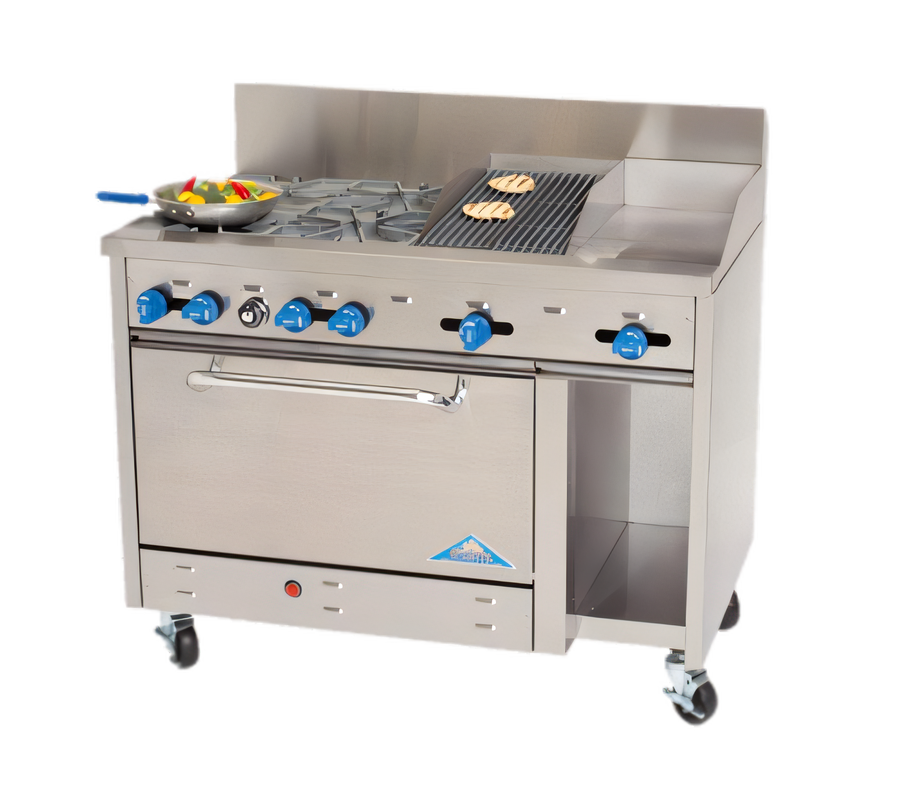 Product image #1 for Comstock-Castle 48 Inch Commercial Gas Range with 4 Open Burners, 12 Inch Griddle, 12 Inch Char-Broiler, Oven and Cabinet Base