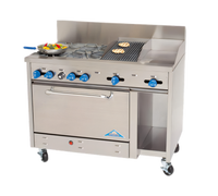 Comstock-Castle 48 Inch Commercial Gas Range with 4 Open Burners, 12 Inch Griddle, 12 Inch Char-Broiler, Oven and Cabinet Base