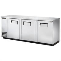 True Three-Section Back Bar Cooler with Solid Doors, 90-3/8 Inch Wide, Stainless Steel Top