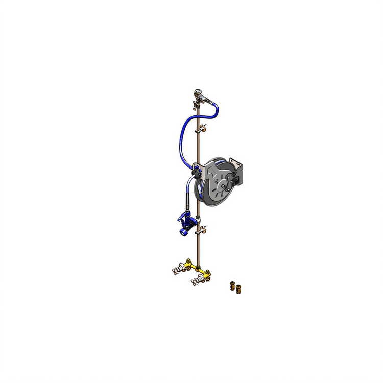 Product image #1 for T&S Brass Open Wall-Mount Retractable Hose Reel Assembly with 35-Foot Hose, Mixing Faucet, and Blue Spray Valve