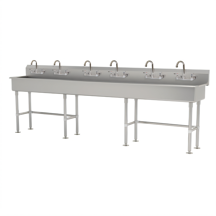 Product image #1 for Advance Tabco 6-Station Freestanding Multiwash Hand Wash Sink with 6 Gooseneck Faucets and Rear Basket Drains, 120-Inch