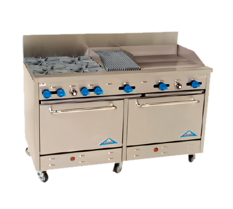 Product image #1 for 60-Inch Stainless Steel Commercial Gas Range with 4 Open Burners, 24-Inch Griddle, 12-Inch Char-Broiler, and 2 Ovens