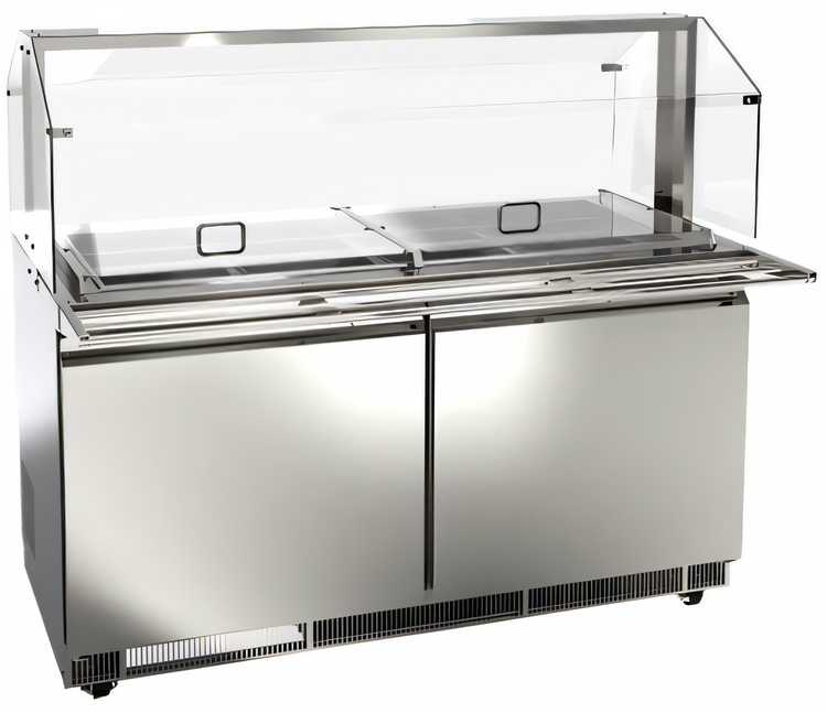 Product image #1 for Omcan USA 60-Inch Two-Section Stainless Steel Refrigerated Prep Table, Rear-Mount Self-Contained, 12 x 1/3 Pan Capacity