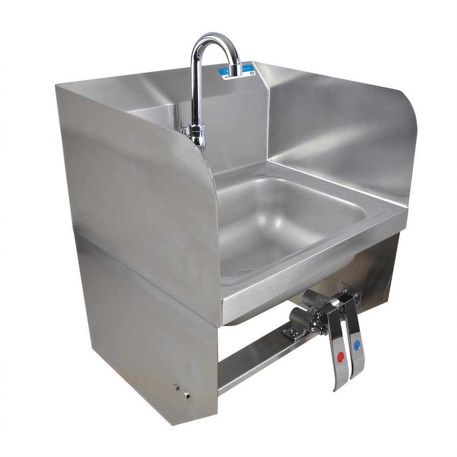 Product image #1 for BK Resources 14" x 10" Wall-Mounted Hand Sink Package with Knee Valve, Gooseneck Spout, and Dual Side Splashes