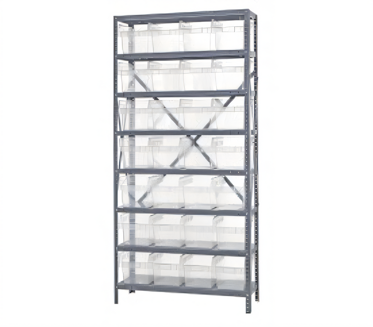 Product image #1 for Quantum Heavy-Duty Stationary Wire Shelving Unit with 8 Shelves and 28 Clear Bins, 36 x 12 x 75 Inches