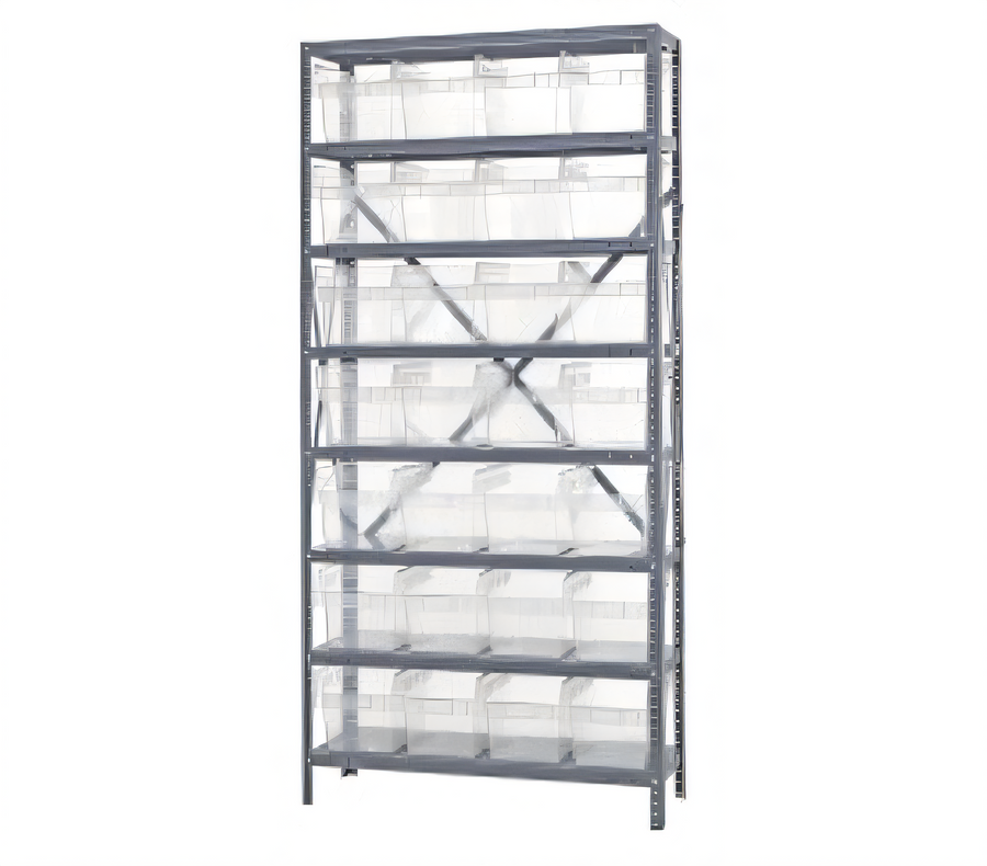 Product image #1 for Quantum Heavy-Duty Stationary Wire Shelving Unit with 8 Shelves and 28 Clear Bins, 36 x 12 x 75 Inches