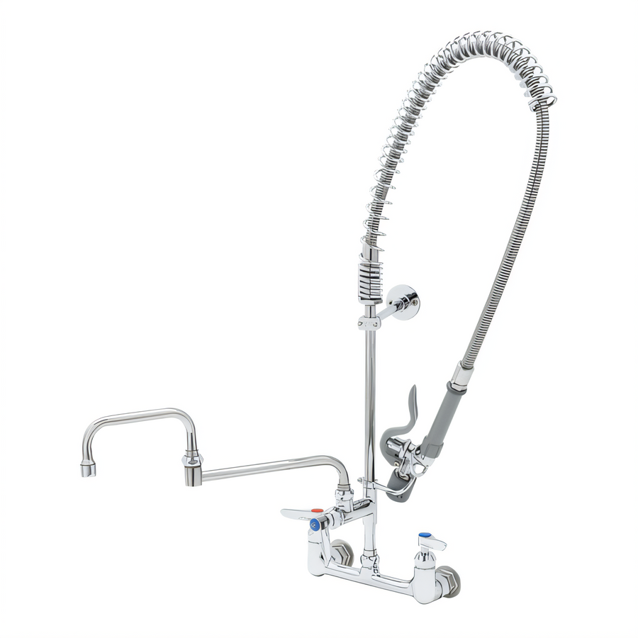 Product image #1 for T&S Brass EasyInstall 8-Inch Wall Mount Pre-Rinse Unit with Add-On Faucet, 15-Inch Double Joint Swing Nozzle, 44-Inch Hose, and Low-Flow Spray Valve