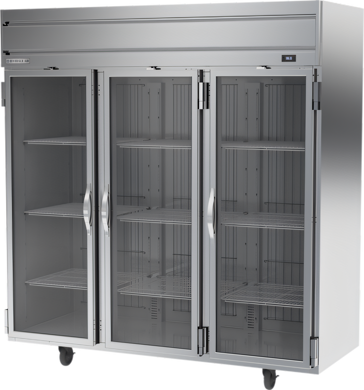 Product image #1 for Beverage-Air Horizon Series Three-Section Glass Door Reach-In Refrigerator, 71.52 Cu. Ft., Top-Mounted Self-Contained