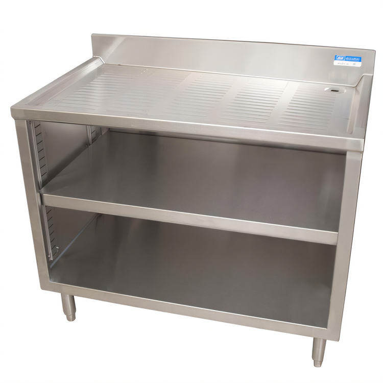 Product image #1 for BK Resources 48-Inch Stainless Steel Underbar Glass Rack Unit with Drainboard Top, Open Front Base, and Adjustable Shelf
