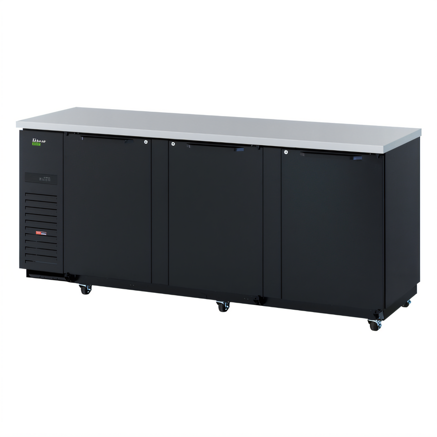 Product image #1 for Turbo Air Super Deluxe 3-Door Three-Section Back Bar Cooler, 90-1/4 Inch Wide, Self-Contained Side-Mount, Black Exterior