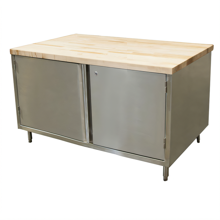 Product image #1 for BK Resources 48 x 36 Inch Hard Maple Top Chef Table with Stainless Steel Cabinet Base and Locking Hinged Doors