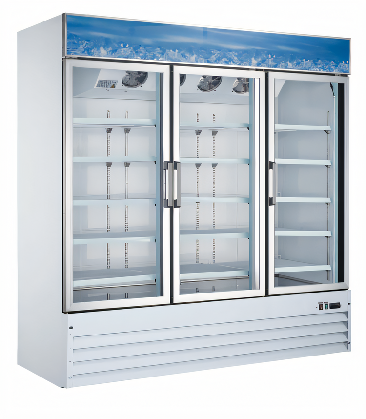 Product image #1 for Omcan USA Three-Section Reach-In Display Freezer with Self-Closing Hinged Glass Doors, 52.3 Cu. Ft., Bottom Mount