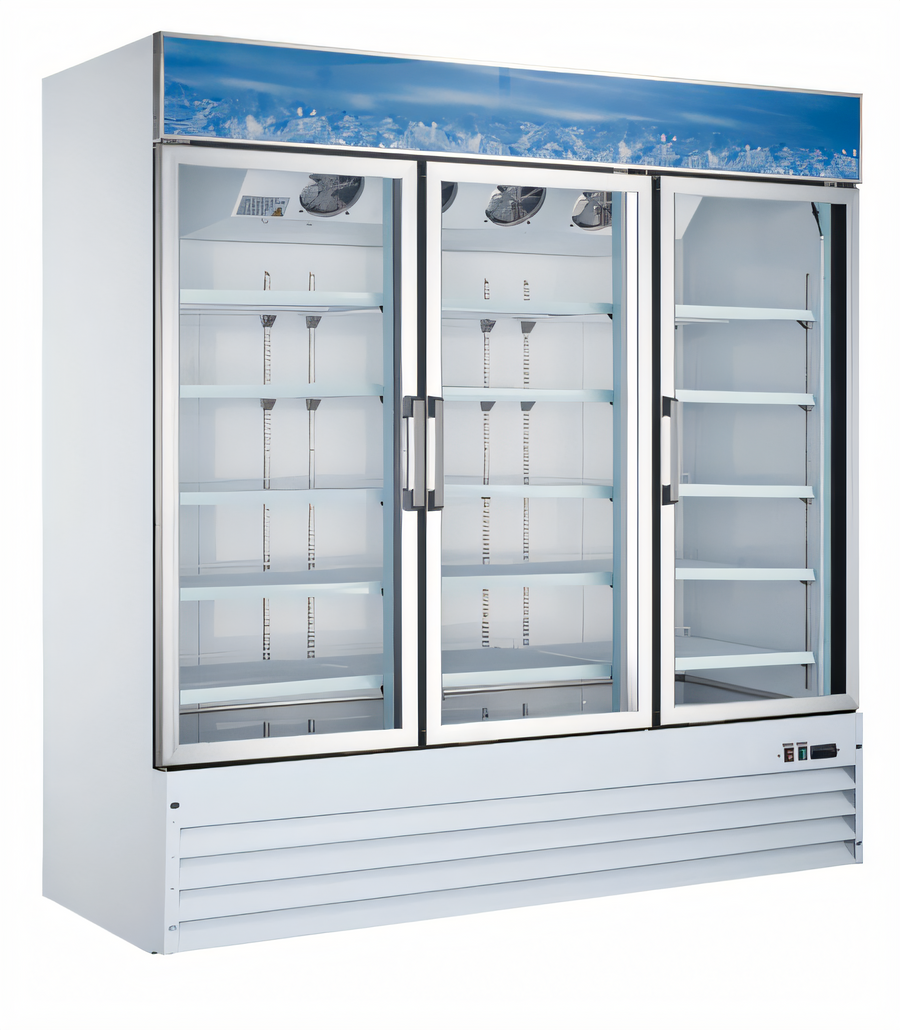 Product image #1 for Omcan USA Three-Section Reach-In Display Freezer with Self-Closing Hinged Glass Doors, 52.3 Cu. Ft., Bottom Mount