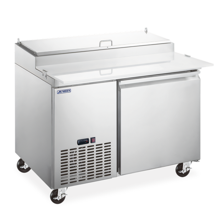 Product image #1 for Aurora 45-Inch Refrigerated Pizza Prep Table, 1 Door, Side-Mount Self-Contained, Stainless Steel, 7.8 Cu. Ft.