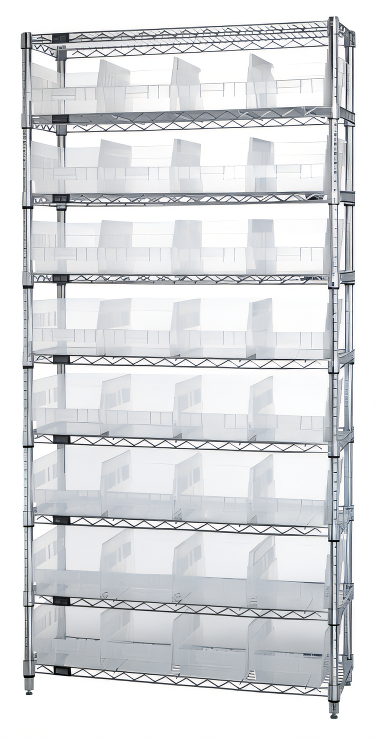 Product image #1 for Quantum 36" x 18" x 74" Stationary Bin Wire Shelving System with 9 Shelves and 32 Clear Bins