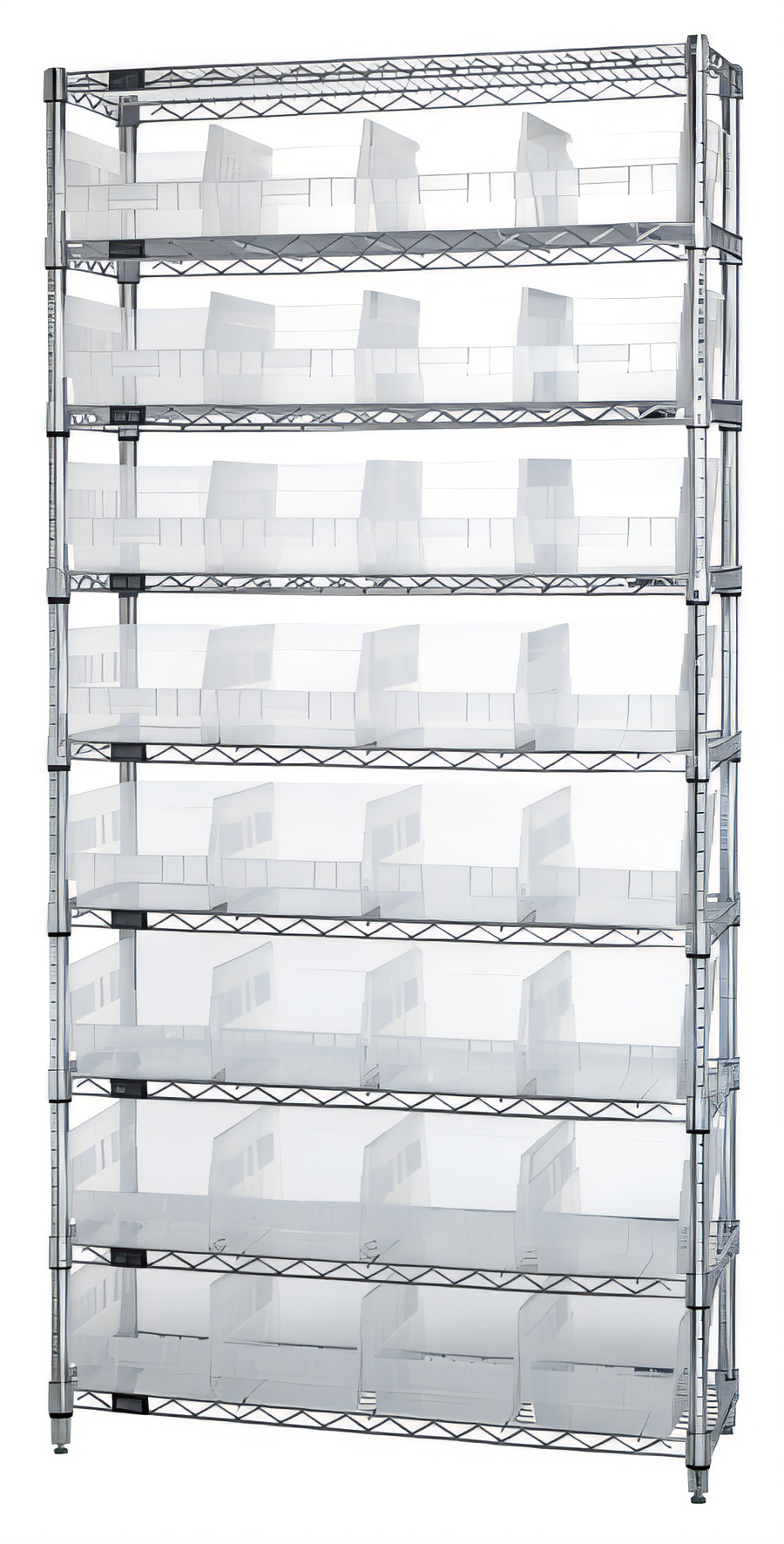 Product image #1 for Quantum 36" x 18" x 74" Stationary Bin Wire Shelving System with 9 Shelves and 32 Clear Bins
