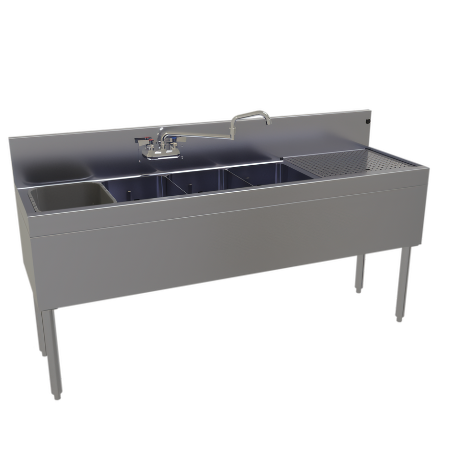 Product image #1 for Glastender Four-Compartment Stainless Steel Underbar Sink Unit with Right Drainboard and Faucet, 66 x 19 Inches