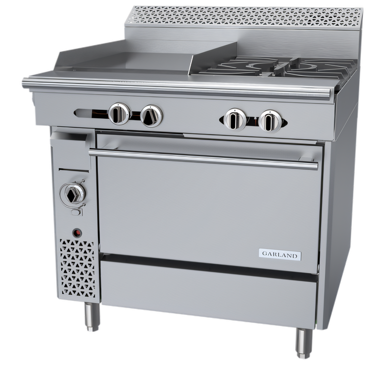 Product image #1 for Garland Cuisine Series 36-Inch Heavy Duty Natural Gas Range with 2 Open Burners, 18-Inch Griddle, and Convection Oven