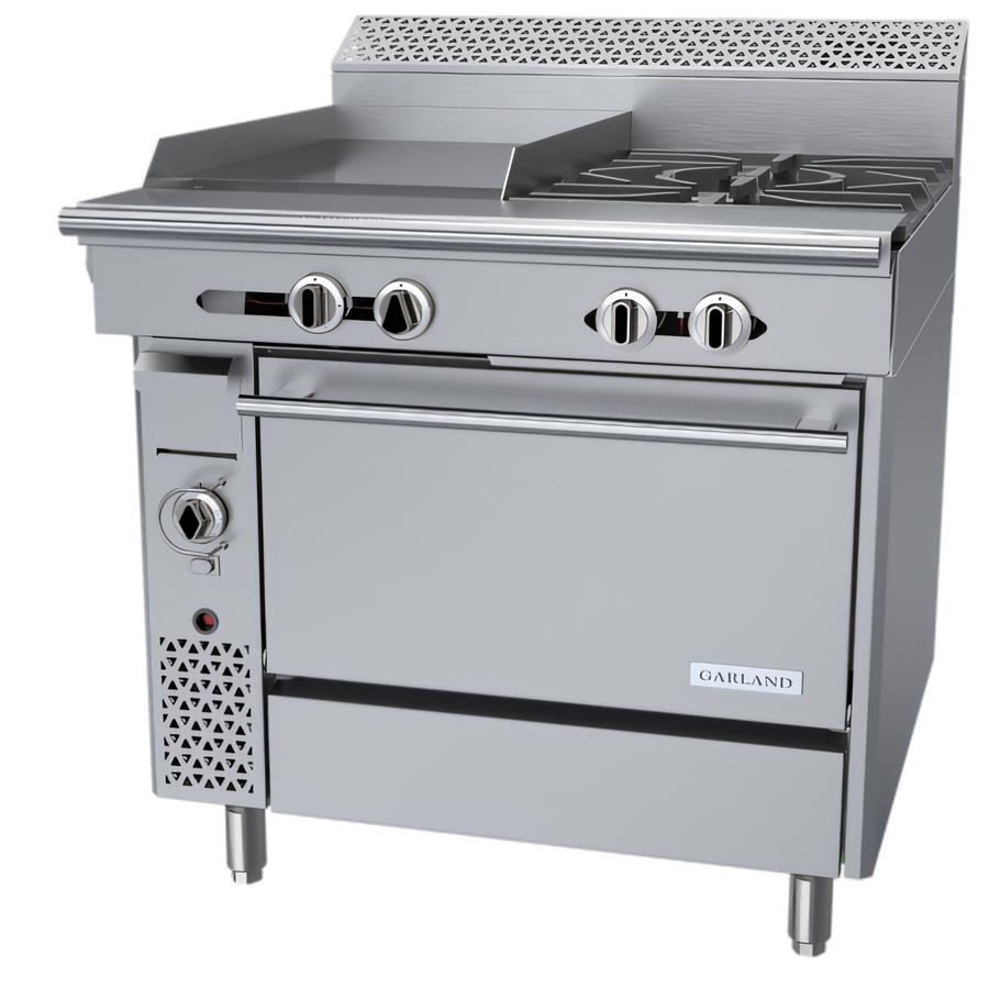 Product image #1 for Garland Cuisine Series 36-Inch Heavy Duty Natural Gas Range with 2 Open Burners, 18-Inch Griddle, and Convection Oven