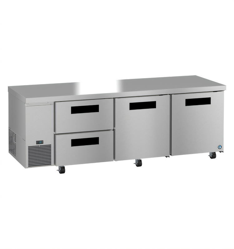Product image #1 for Hoshizaki Steelheart Three-Section Undercounter Reach-In Refrigerator with 2 Solid Doors and 2 Drawers, 93 Inch