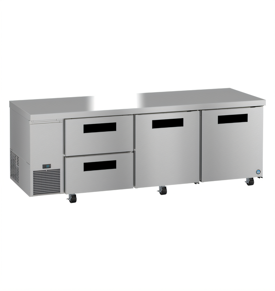 Product image #1 for Hoshizaki Steelheart Three-Section Undercounter Reach-In Refrigerator with 2 Solid Doors and 2 Drawers, 93 Inch