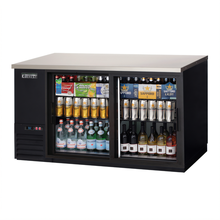 Product image #1 for Everest Refrigeration 68-Inch Two-Section Back Bar Refrigerator with Glass Sliding Doors, Stainless Steel Countertop, and Side-Mounted Self-Contained R290 Refrigeration