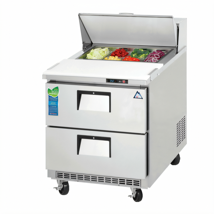 Product image #1 for Everest Refrigeration 27-3/4 Inch 1-Section Stainless Steel Drawered Sandwich Prep Table with Rear-Mounted Self-Contained Refrigeration, 2 Drawers, and 8 1/6-Size Pan Top Opening