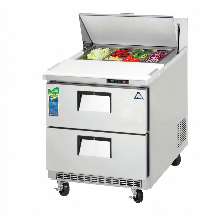 Product image #1 for Everest Refrigeration 27-3/4 Inch 1-Section Stainless Steel Drawered Sandwich Prep Table with Rear-Mounted Self-Contained Refrigeration, 2 Drawers, and 8 1/6-Size Pan Top Opening
