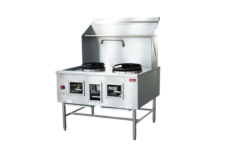 Product image #1 for Omcan USA Natural Gas Two-Chamber Wok Range with 13-Inch and 16-Inch Rings, Backsplash, Faucet, and Water-Cooled Top