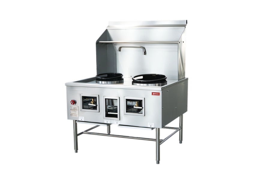 Product image #1 for Omcan USA Natural Gas Two-Chamber Wok Range with 13-Inch and 16-Inch Rings, Backsplash, Faucet, and Water-Cooled Top