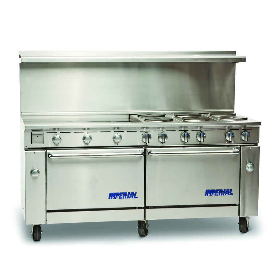 Product image #1 for Imperial Pro Series 72-Inch Electric Restaurant Range with 6 Round Elements, 36-Inch Thermostatic Griddle, Convection Oven, and Standard Oven