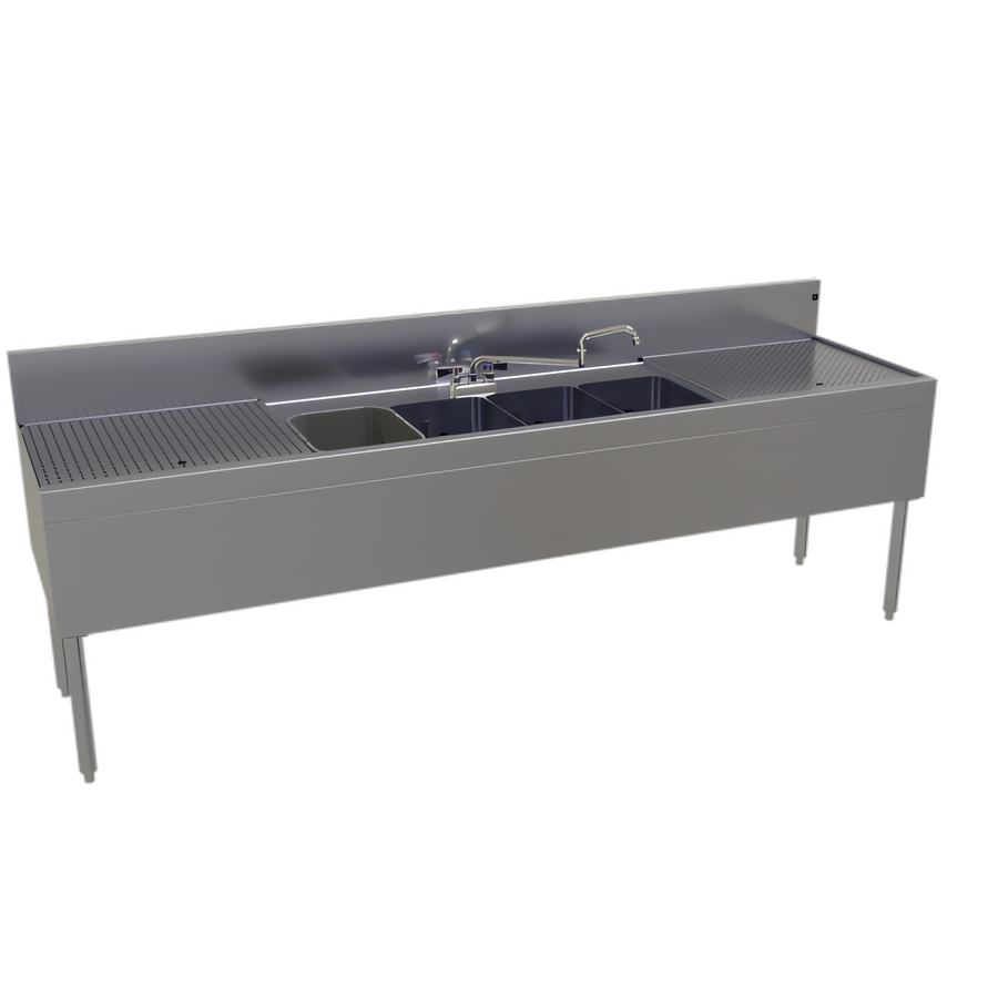 Product image #1 for Glastender Four-Compartment Underbar Sink Unit with Left and Right Drainboards, 96 Inch W x 24 Inch D