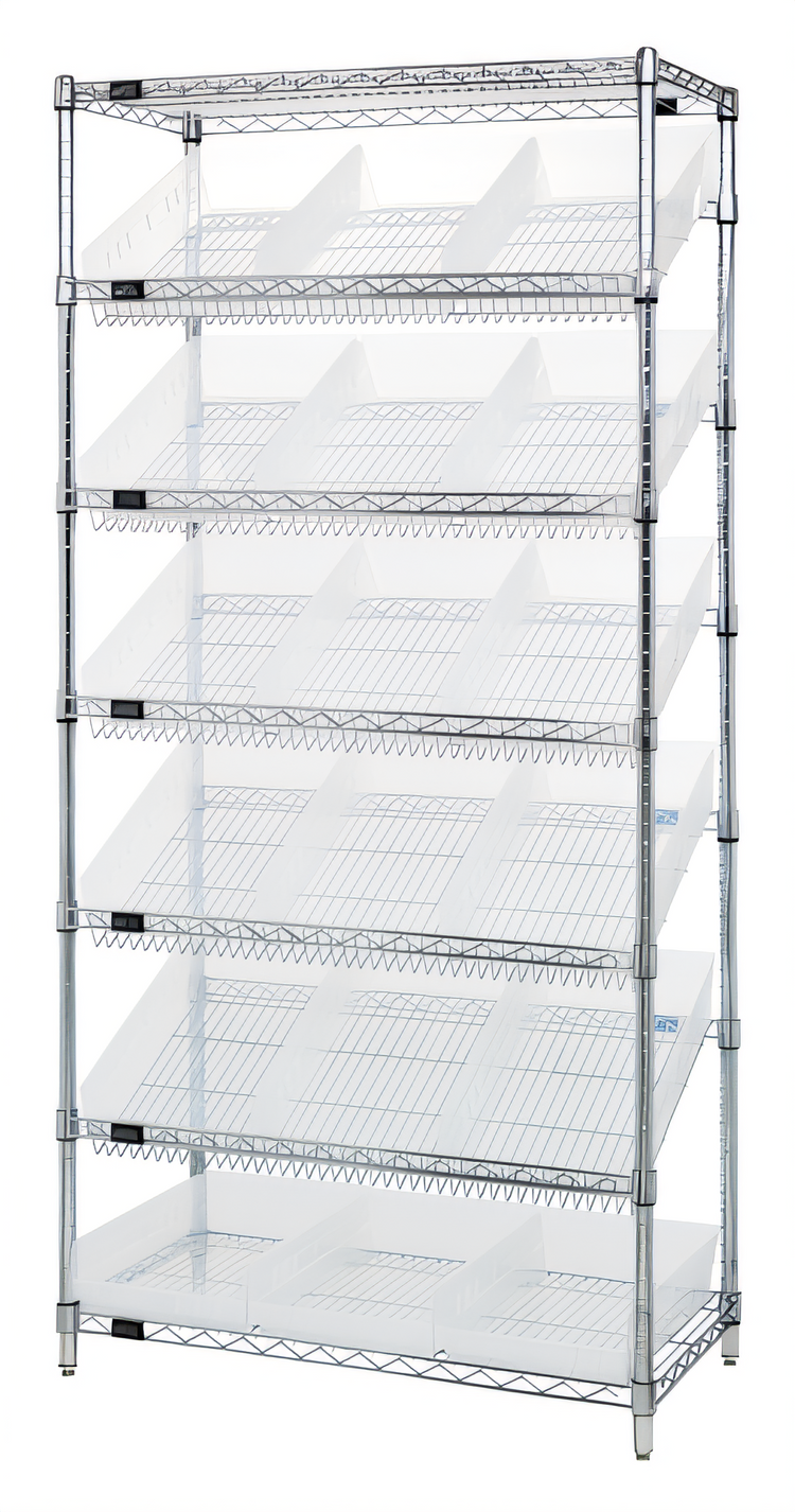 Product image #1 for Quantum Stationary Wire Shelving Bin Storage Unit with 18 Clear Bins, 36 x 18 x 74 Inches, Chrome Plated Finish